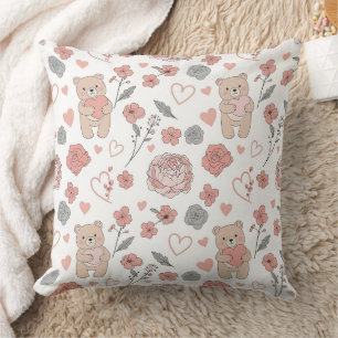 Coussin Ourson Mignon Tenant un Cœur -- Nursery Pastel (13