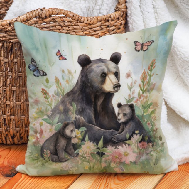 Coussin Oursons Fleurs Papillons Peinture (Bear family pillow)