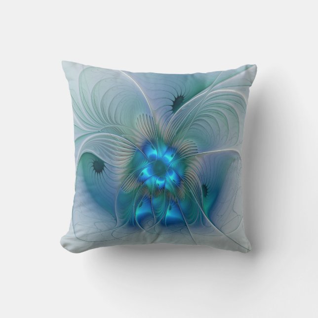 Coussin Ovations debout, fractale bleue turquoise abstrait (Recto)