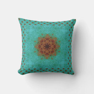 Coussin Pacock Graphisme vert et rouille Mandala floral