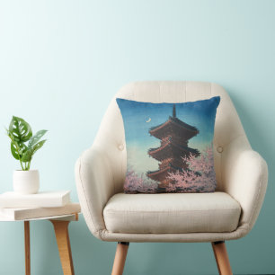 Coussin Pagode de printemps japonaise vintage en gravure s