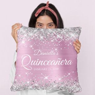 Coussin Pailleté Argent Rose Clair Feuille de Quinceañera