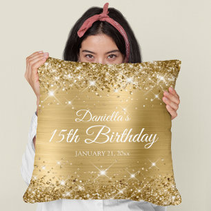 Coussin Pailleté Or Feuille 15e Anniversaire