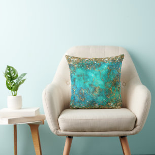 Coussin Paillettes dorées Turquoise Bleu Pierre précieuse