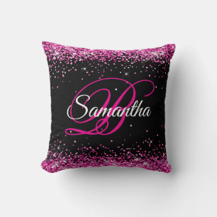 Coussin Paillettes Rose Chaud Monogramme Fantaisie Noir