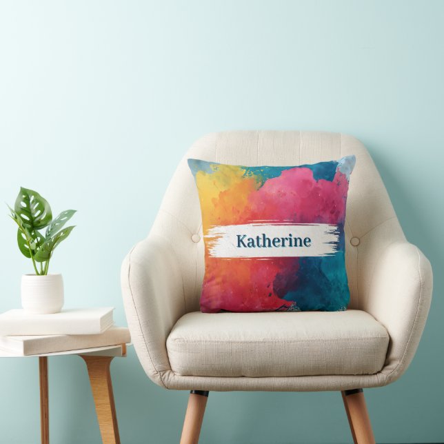 Coussin Paint à l'aquarelle vive avec nom personnalisé (Chaise)