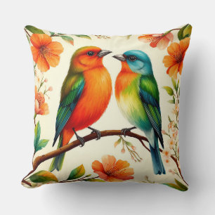 Coussin Paire colorée d'oiseaux assis au milieu de Blosso 