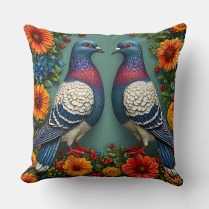 Coussin Paire de pigeons vibrants entourés de fleurs