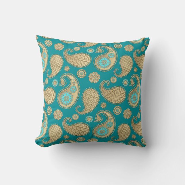 Coussin Paisley motif, Soft Gold sur Turquoise (Recto)