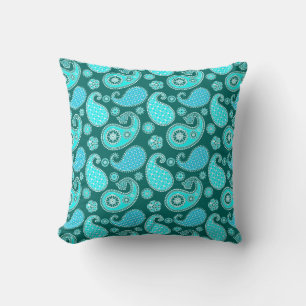 Coussin Paisley motif, Turquoise, Aqua et White