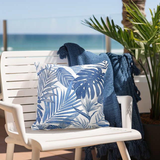Coussin Palm blanc bleu Feuilles (Créateur téléchargé)