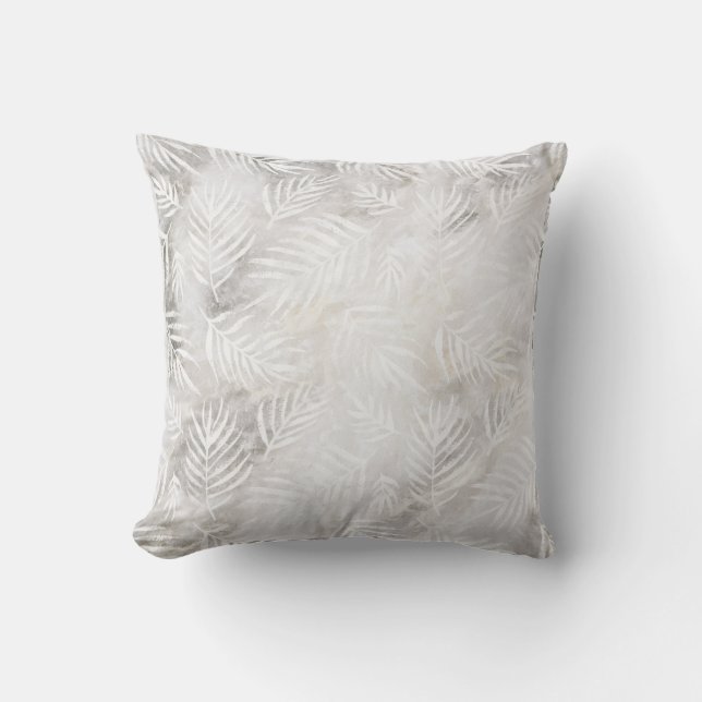Coussin Palm Feuille Tropical Pastel blanc gris argenté (Recto)