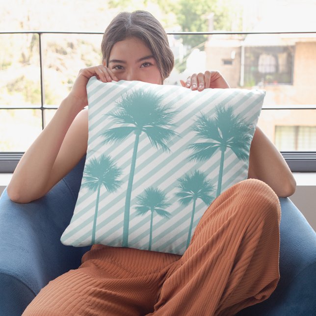 Coussin Palm Tree Stripe Turquoise Beach House Décoratif (Palm Tree Stripe Teal Beach House Decorative Throw Pillow)