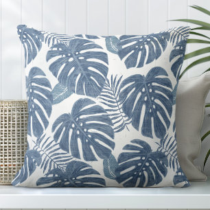 Coussin Palme de Monstera Bleu et Blanc Feuilles
