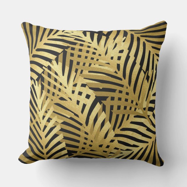 Coussin Palme Zébrée Exotique Feuille Motif doré sur noir (Recto)