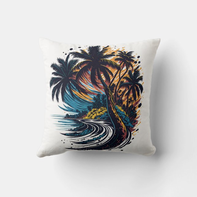 Coussin Palmier en style peinture avec vague (Verso)