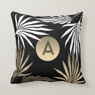 Coussin Palmier tropical exotique Monogramme noir et or
