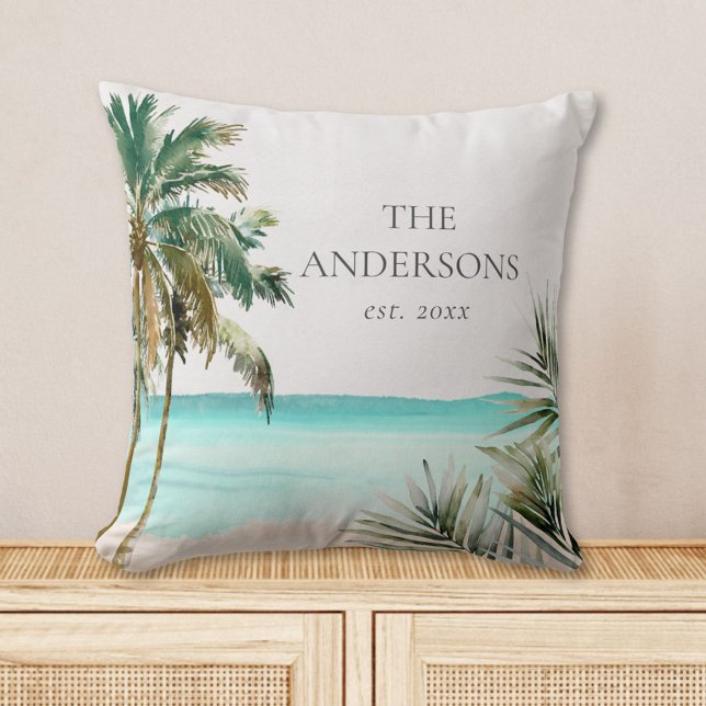 Coussin Palmier Tropical Personnalisé Feuilles Plage Bleue (In situ)