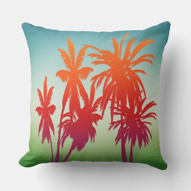 Coussin Palmiers de couchers de soleil orange bleu rétro (Recto)