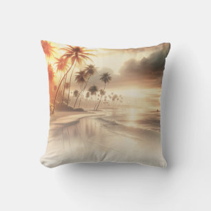Coussin Palmiers et Plage au Coucher de Soleil Orange