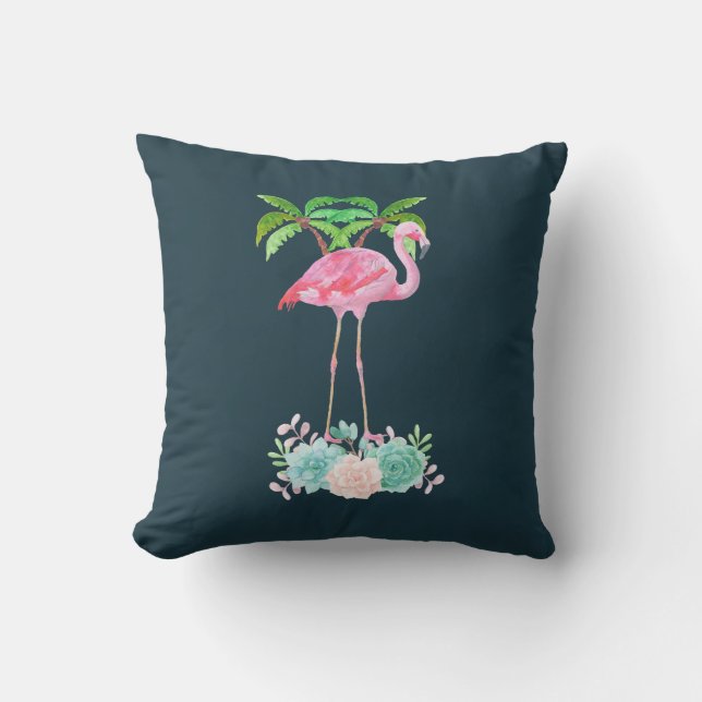 Coussin Palmiers Flamants roses roses et succulents florau (Recto)