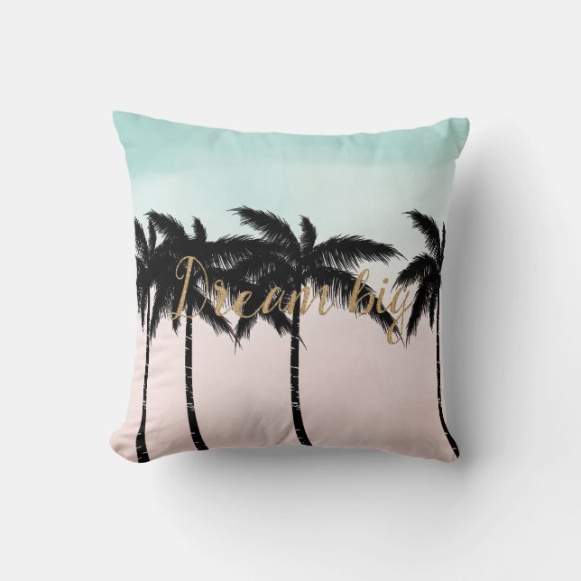 Coussin Palmiers tropicaux Pink Mint Ombre rêve d'or grand (Recto)