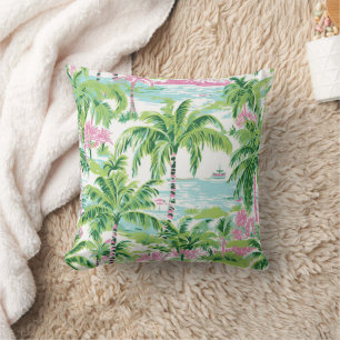 Coussin Palmiers tropicaux roses et verts