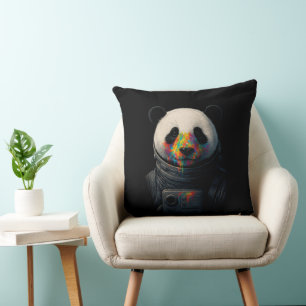 Coussin Panda astronaute avec éclaboussure de peinture néo