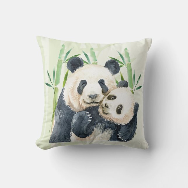 Coussin Panda Pair et Bambou Aquarelle (Recto)