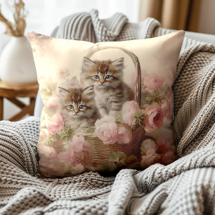 Coussin Panier de chatons vintage peinture florale rose