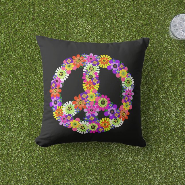Coussin Panneau de paix Floral en noir (Herbe)