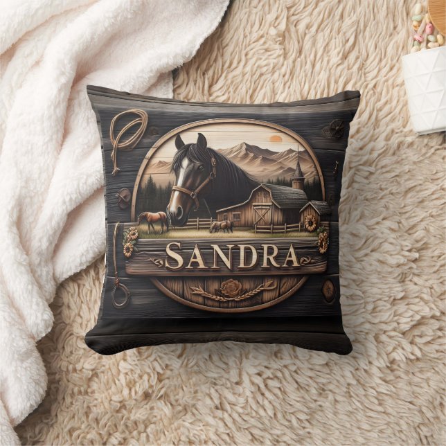 Coussin Panneau En Bois Avec Cheval Et Grange Au Coucher D (Couverture)