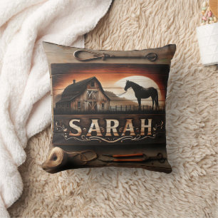 Coussin Panneau en bois personnalisé avec Cheval et Grange
