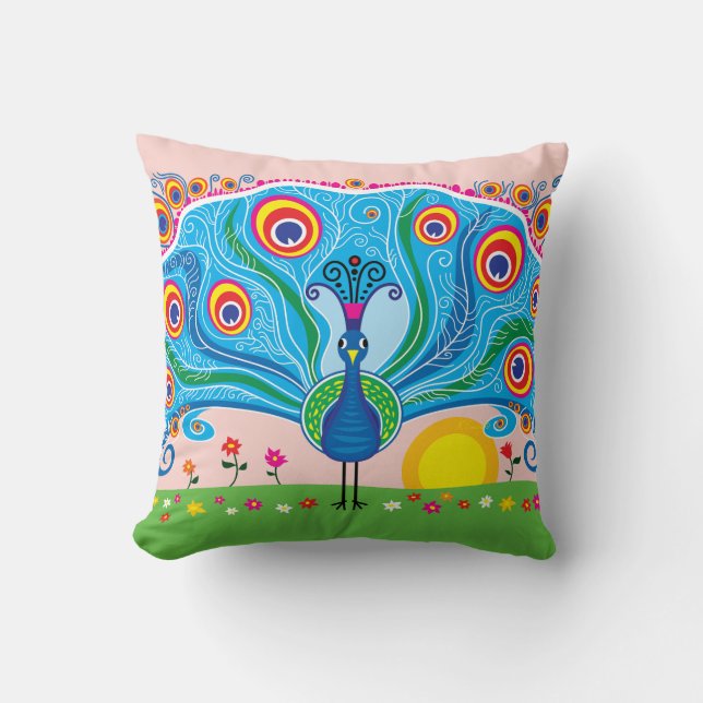 Coussin Paon avec des fleurs (Recto)