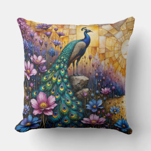 Coussin Paon dans un paysage floral