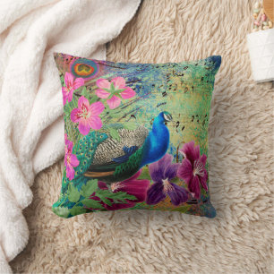Coussin Paon Élégant Fleurs Bleues Roses Vertes