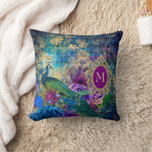 Coussin Paon Élégant Vintage Violet Turquoise Or Monogramm