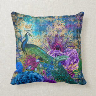 Coussin Paon et fleurs illustrés antiques grunge