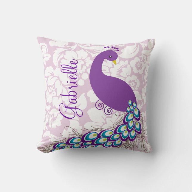 Coussin Paon pourpre de damassé moderne élégante (Recto)