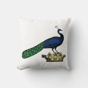 Coussin Paon stylisé vintage héraldique sur couronne C