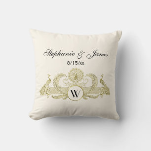 Coussin Paons vintage monogramme or faux ivoire BG