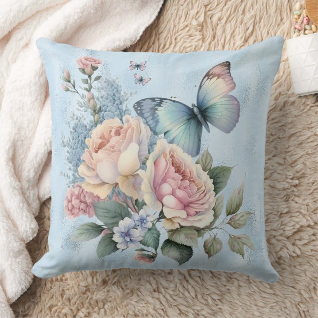 Coussin Papillon à huile bleue et à pivoines violettes ros (Couverture)