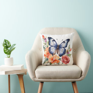 Coussin Papillon aquarelle bleue florales rouges et pêche 