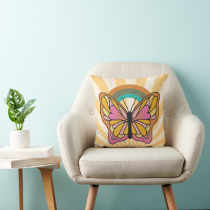 Coussin Papillon arc-en-ciel super 60s Hippie Retro Sunbur