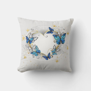 Coussin Papillon Bleu Morpho Cœur I Accents Dorés Élégants