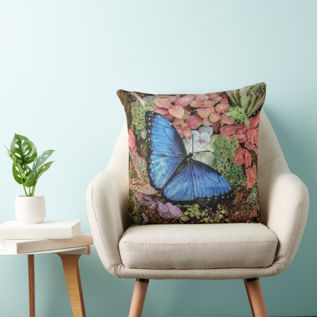 Coussin Papillon bleu Morpho Floral Nature Art (Chaise)