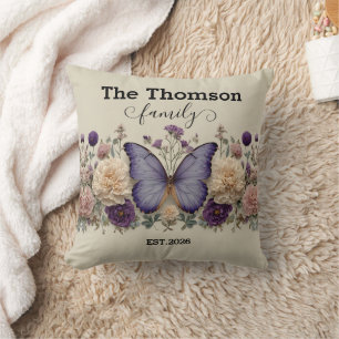 Coussin Papillon Bleu Vintage avec Fleurs pour Famille