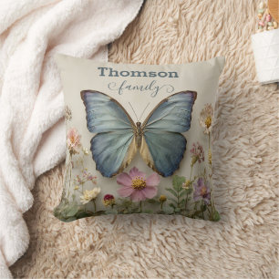 Coussin Papillon Bleu Vintage Floral Jardin Famille