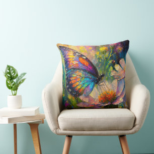 Coussin Papillon coloré et Fleurs sauvages à Sunrise
