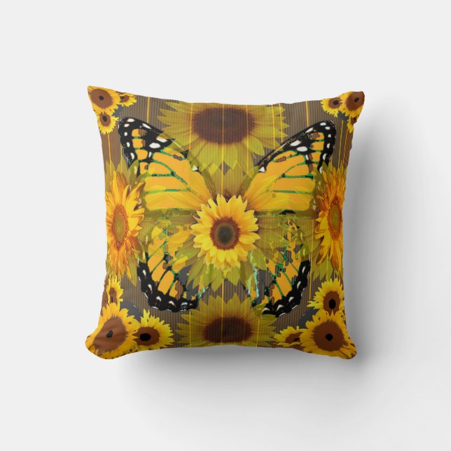 Coussin PAPILLON de MONARQUE jaune et ART de tournesol (Recto)